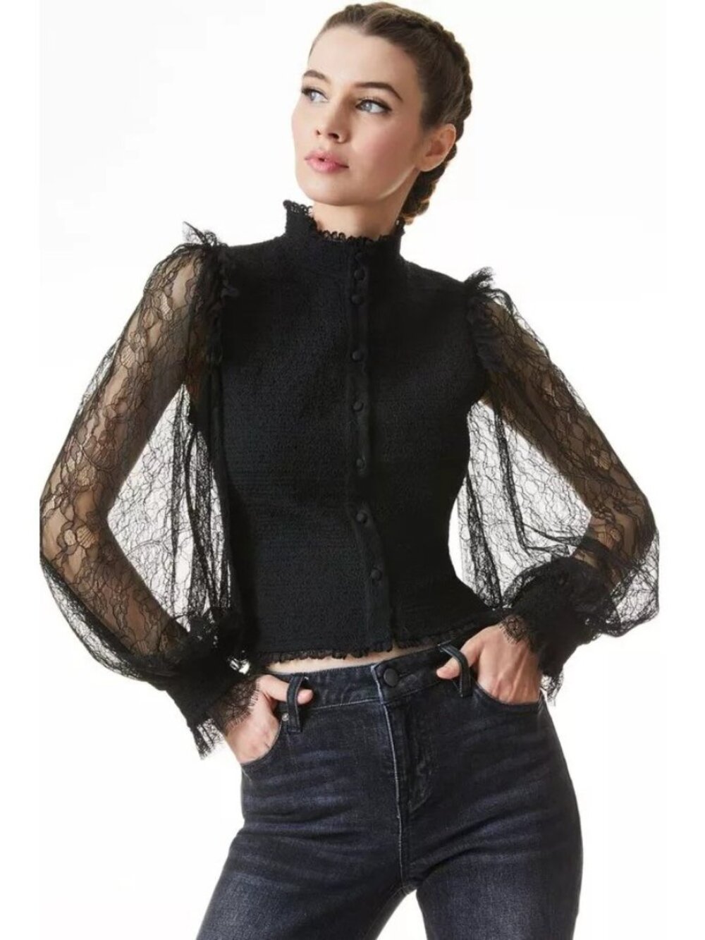 Alice + Olivia Aviva Black Mock Neck Smocked Lace Sleeve Blouse Size Small